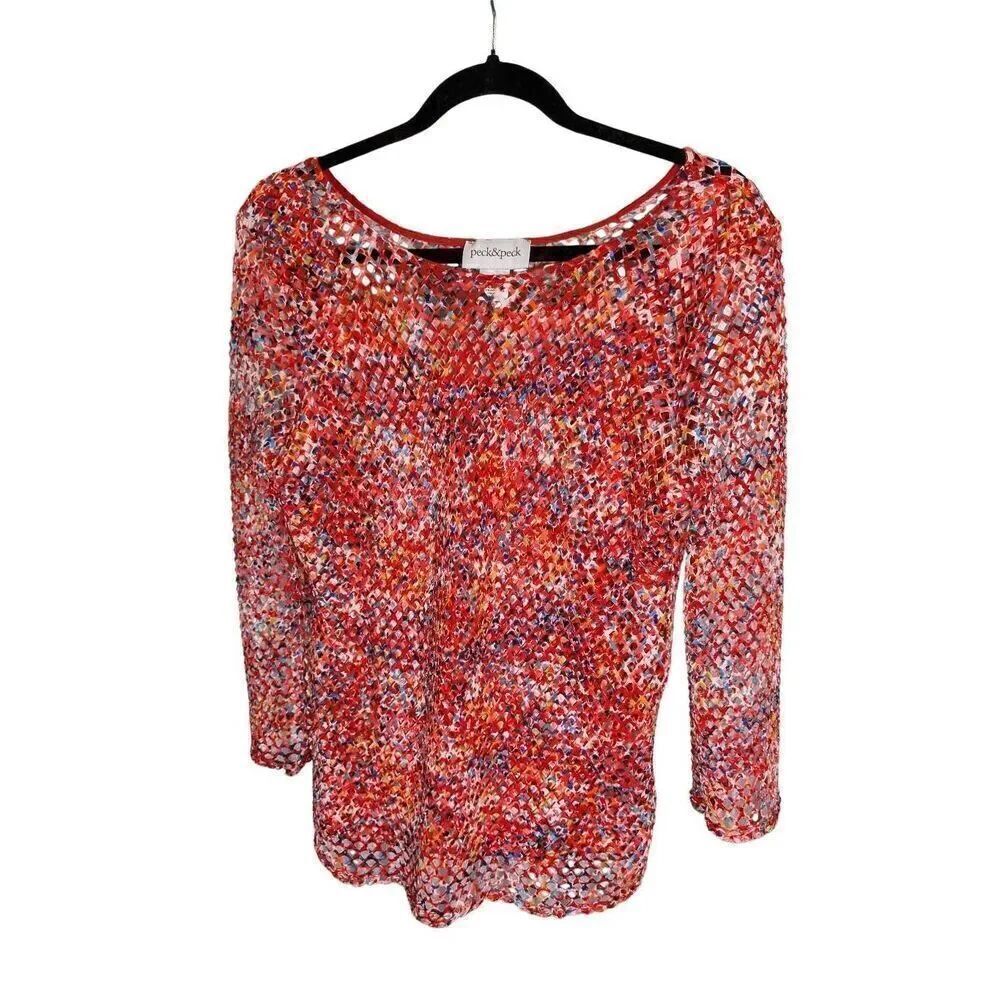 Peck & Peck Crochet Fishnet Knit Red 3/4 Sleeve Sweater Women's Size Large
